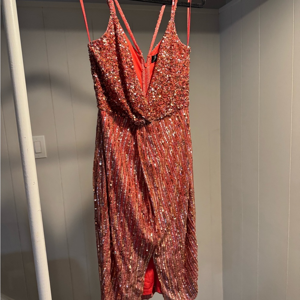 Parker Black Label Coral Sequin Wrap-Front Cocktail Dress